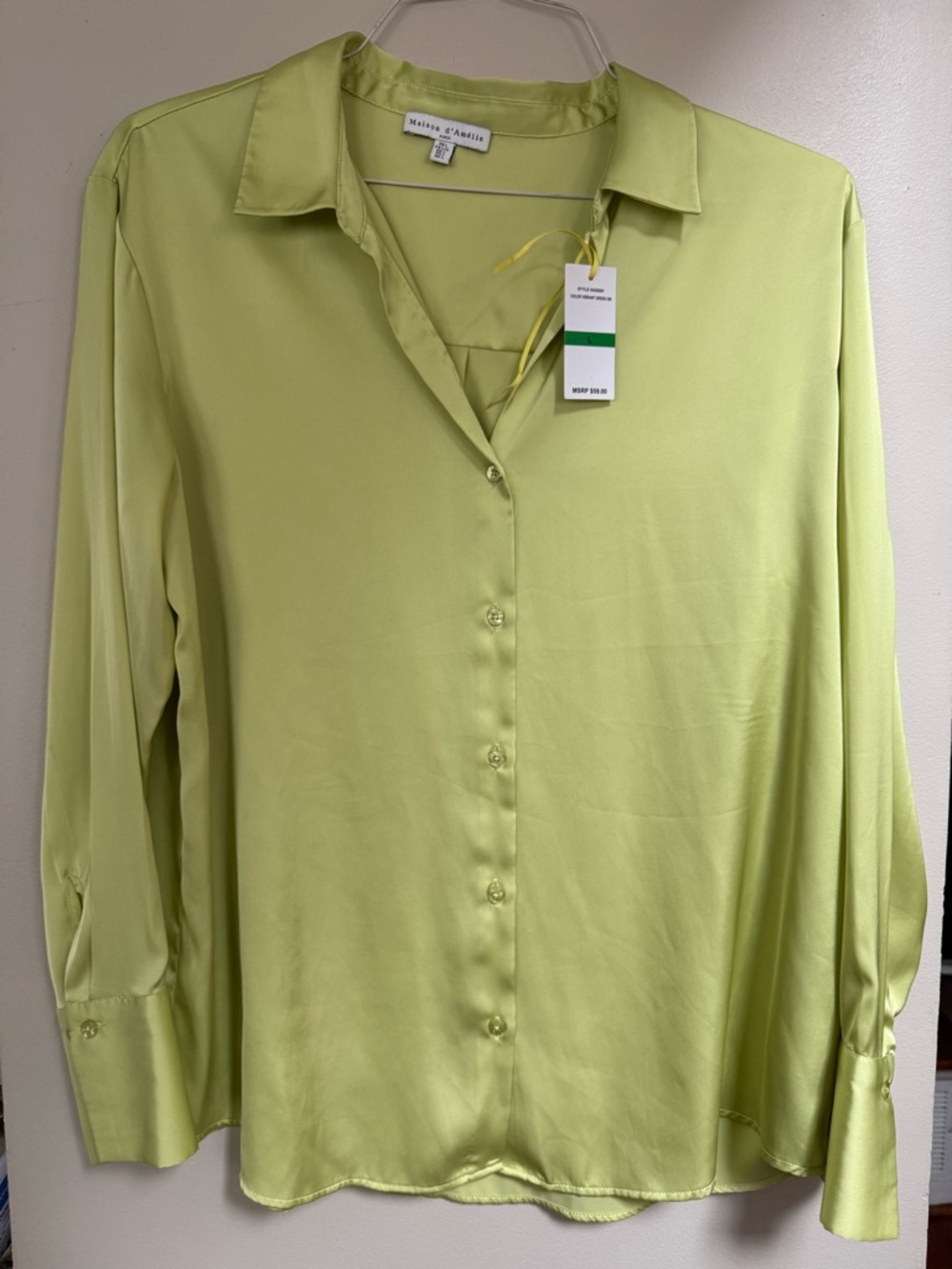 Lime Green Satin Button-Down Blouse